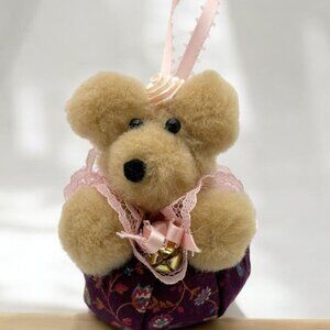 Vintage Teddy Bear Christmas Ornament Plush Pink Floral Dress Lace Accents
